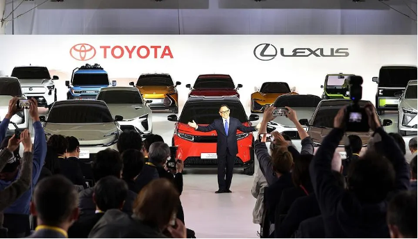 Toyota Chairman Akio Toyoda promotes the company's hybrid EV strategy.