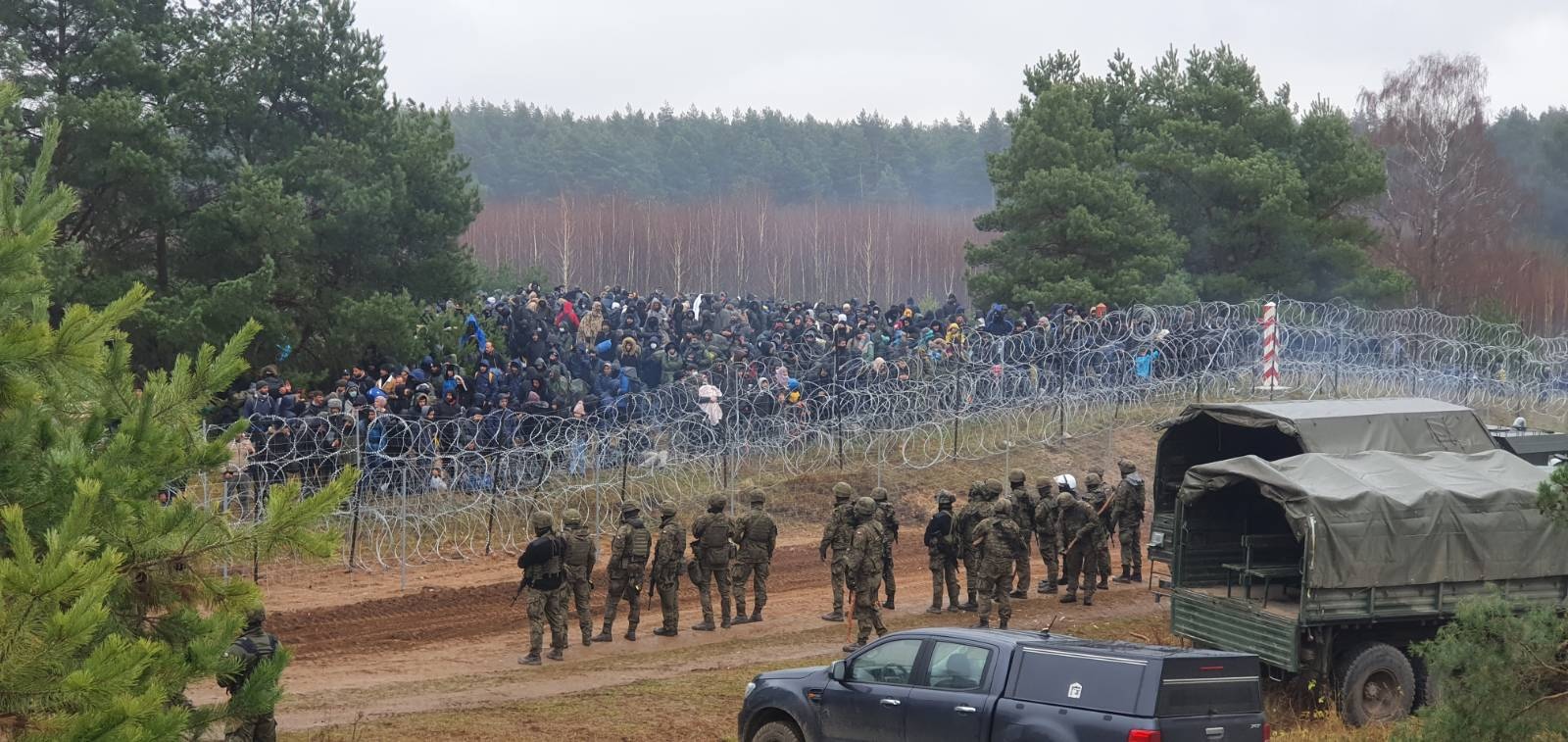 Belarus attempts to weaponize migration, bringing immigrants to the border with Poland in November 2021. Photo Credit: Prime Minister's Office/16th Mechanized Division